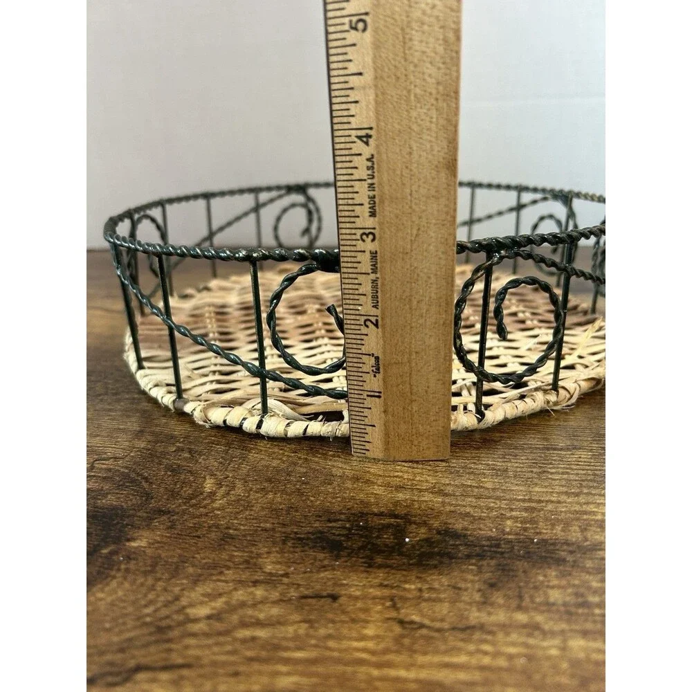Vintage Wicker Wire Basket Tray Round Farmhouse Boho Cottage Centerpiece Decor